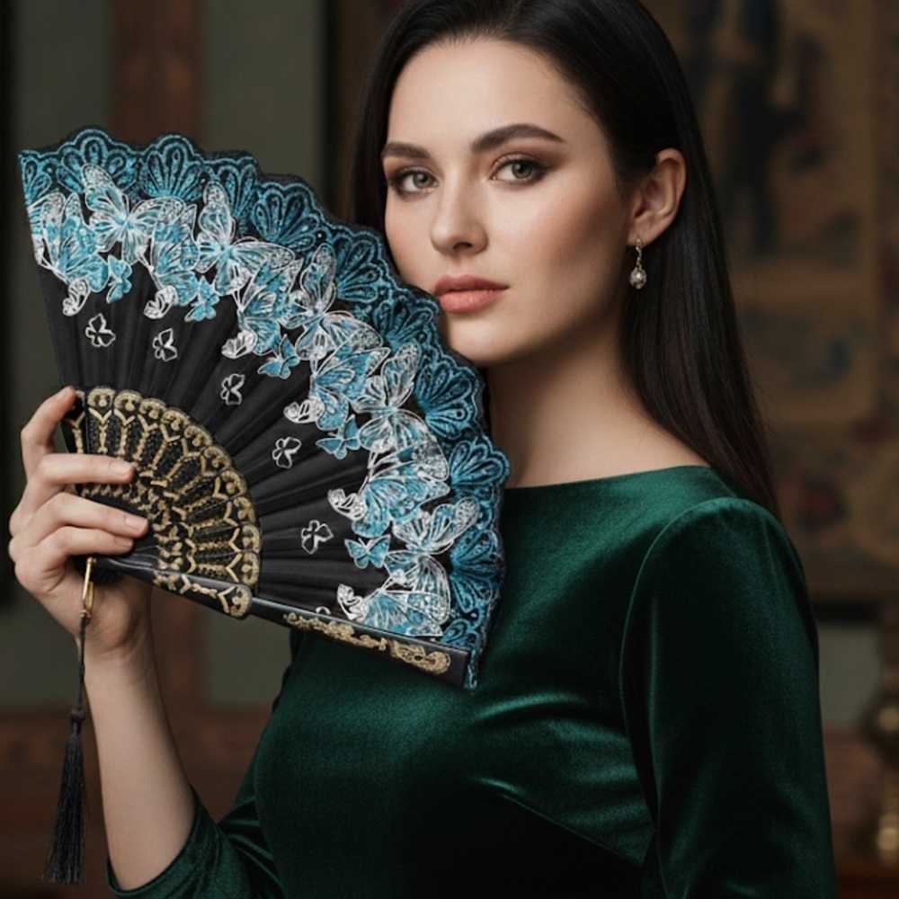 ✨NEW Elegant Black and Blue Glitter Lace Hand Fan 🪭 9” - Picture 4 of 4